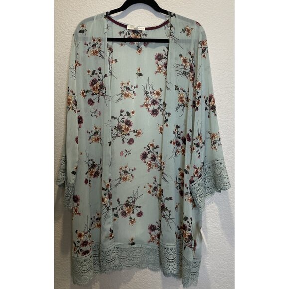 Rewind XXL Sheer Sage Green Floral Kimono Cardigan‎ Crochet Trim Boho Beach NEW - Picture 1 of 9